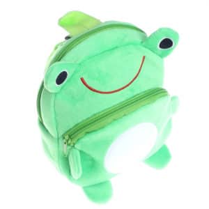 Sac pour enfant en forme de grenouille verte claire avec une poche sur le ventre et les yeux qui sortent de la forme du sac