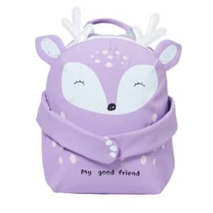 Petit sac à dos pour enfant en forme de petit renne violet avec ses pattes qui sont rabattues sur son ventre