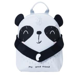 Petit sac à dos pour enfant en forme de de panda noir et blanc avec ses pattes qui sont rabattues sur son ventre