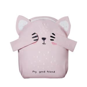 Petit sac à dos pour enfant en forme de de chat rose avec ses pattes qui sont rabattues sur ses yeux