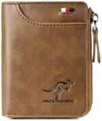Portefeuille en cuir de couleur beige avec un symbole de kangourou et une fermeture zipper