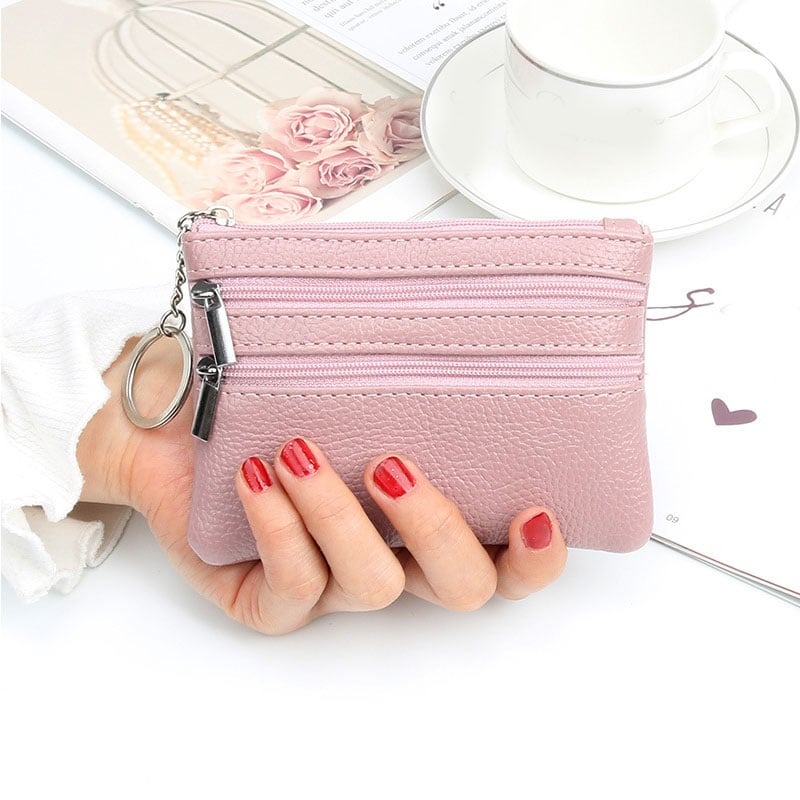 Mini portefeuille à double fermeture éclair multifonctionnel en simili cuir de couleur rose