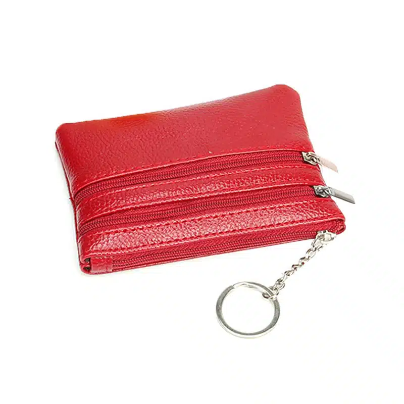 Mini portefeuille à double fermeture éclair multifonctionnel en simili cuir de couleur rouge