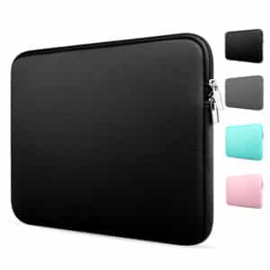 Sac pochette pour ordinateur étanche, un noir en gros plan et en ligne sur le côté quatre autres couleurs, noir, gris, rose et bleu