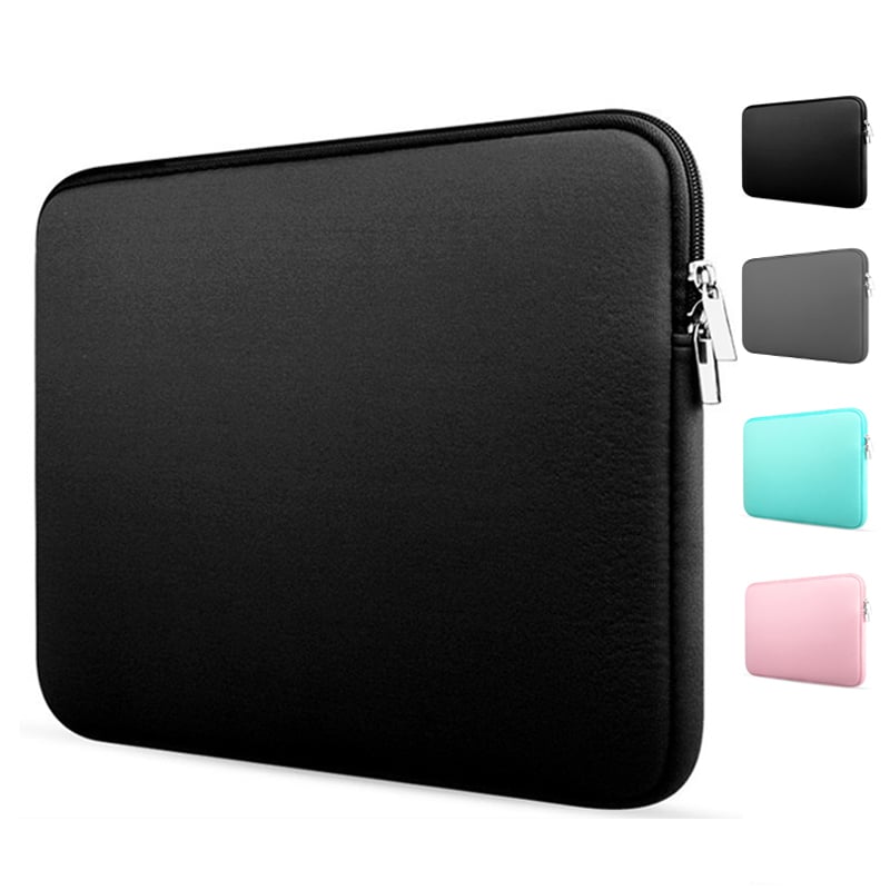 Sac pochette pour ordinateur étanche, un noir en gros plan et en ligne sur le côté quatre autres couleurs, noir, gris, rose et bleu