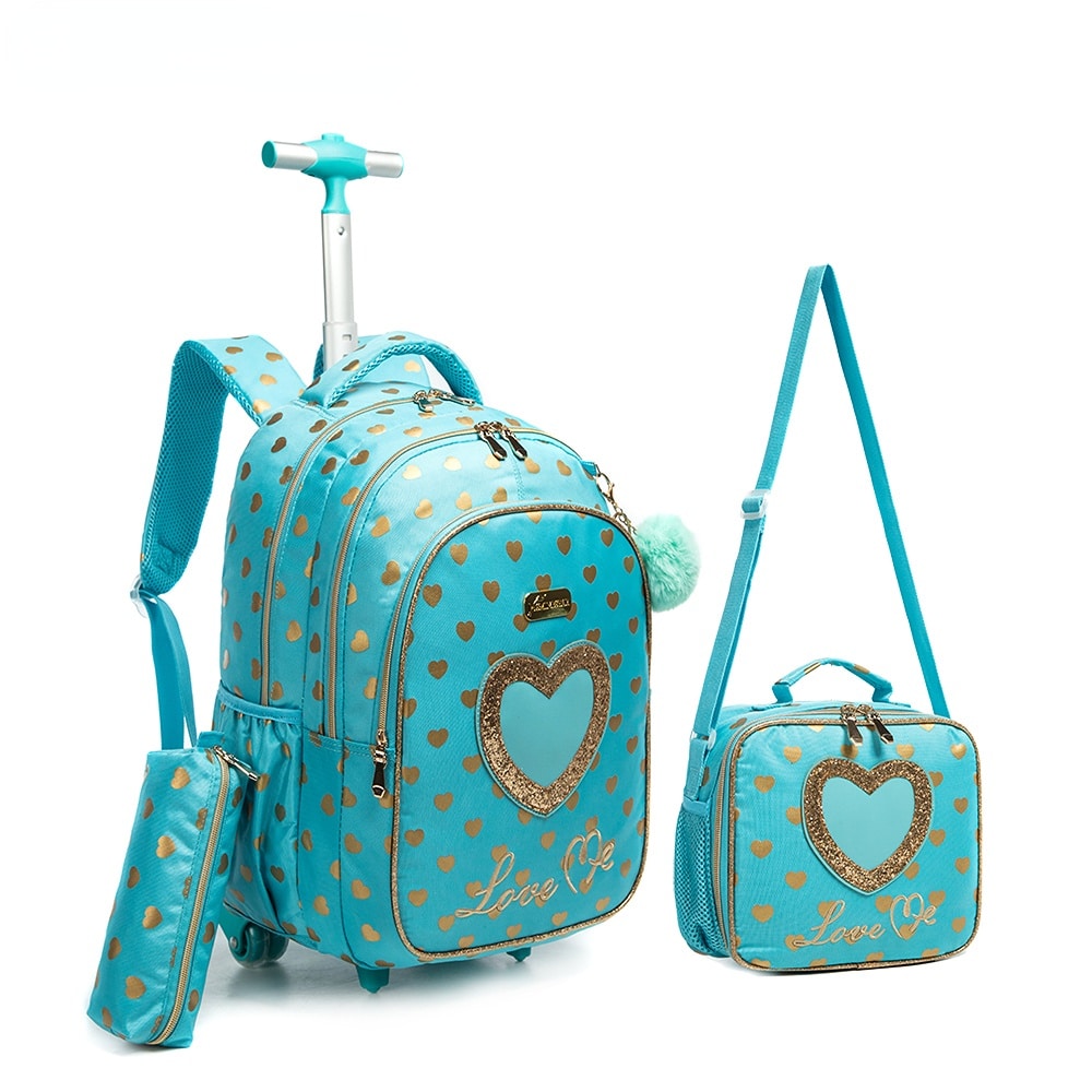 Sac à dos à roulettes fille turquoise avec coeur avec trousse et sac à bandoulière assortis présenté sur fond blanc