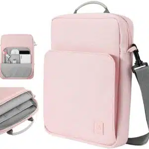 Sac à bandoulière pour ordinateur portable rose présenté sur fond blanc